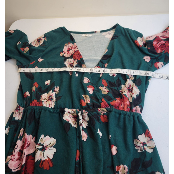 Maurices Boho Mini Dress Green Floral V-Neck Tie Waist Babydoll Women's Size XL - Picture 3 of 12